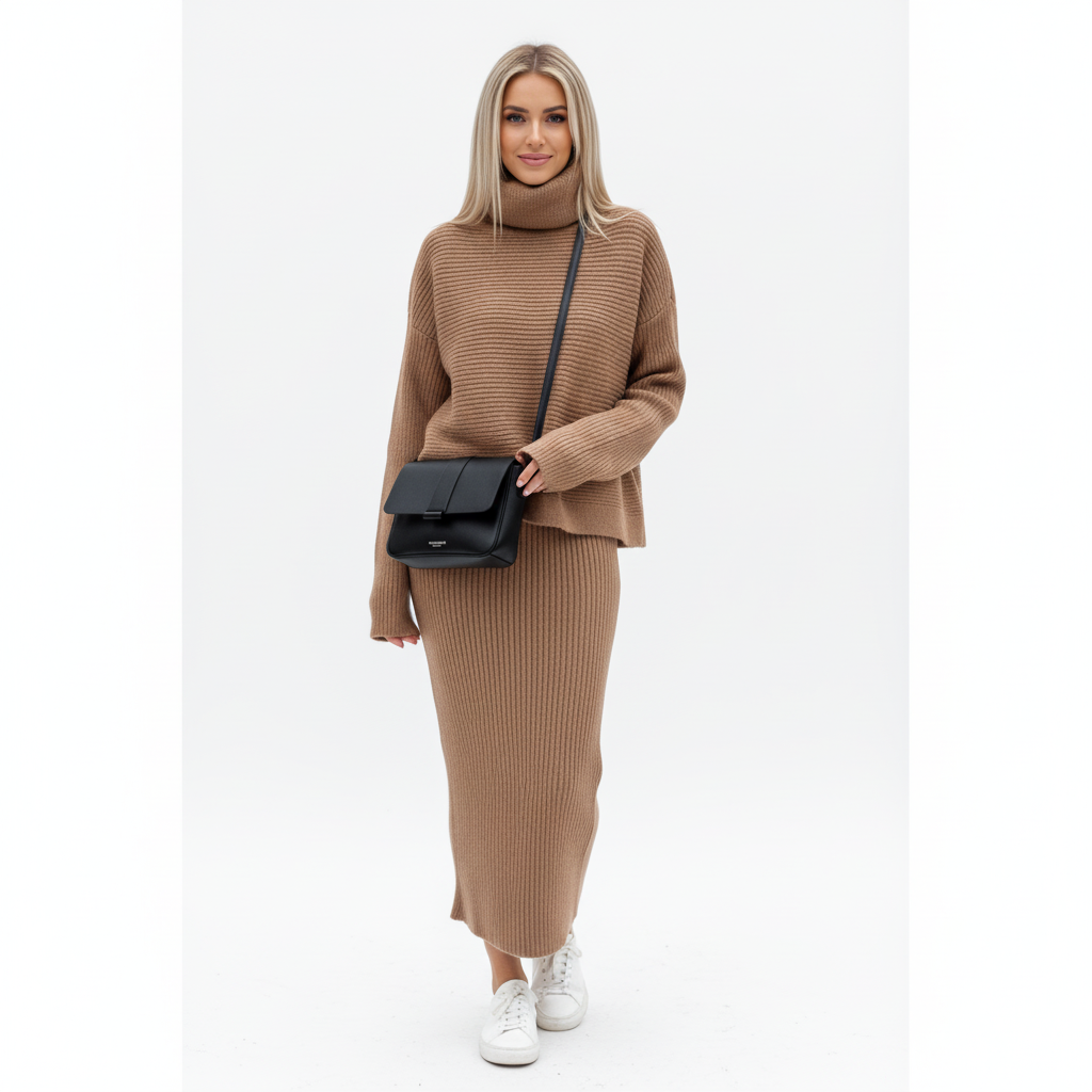 Cozy Chic Ribbed Knit Two-Piece Sweater Set – Turtleneck Top & Maxi Skirt (Camel)