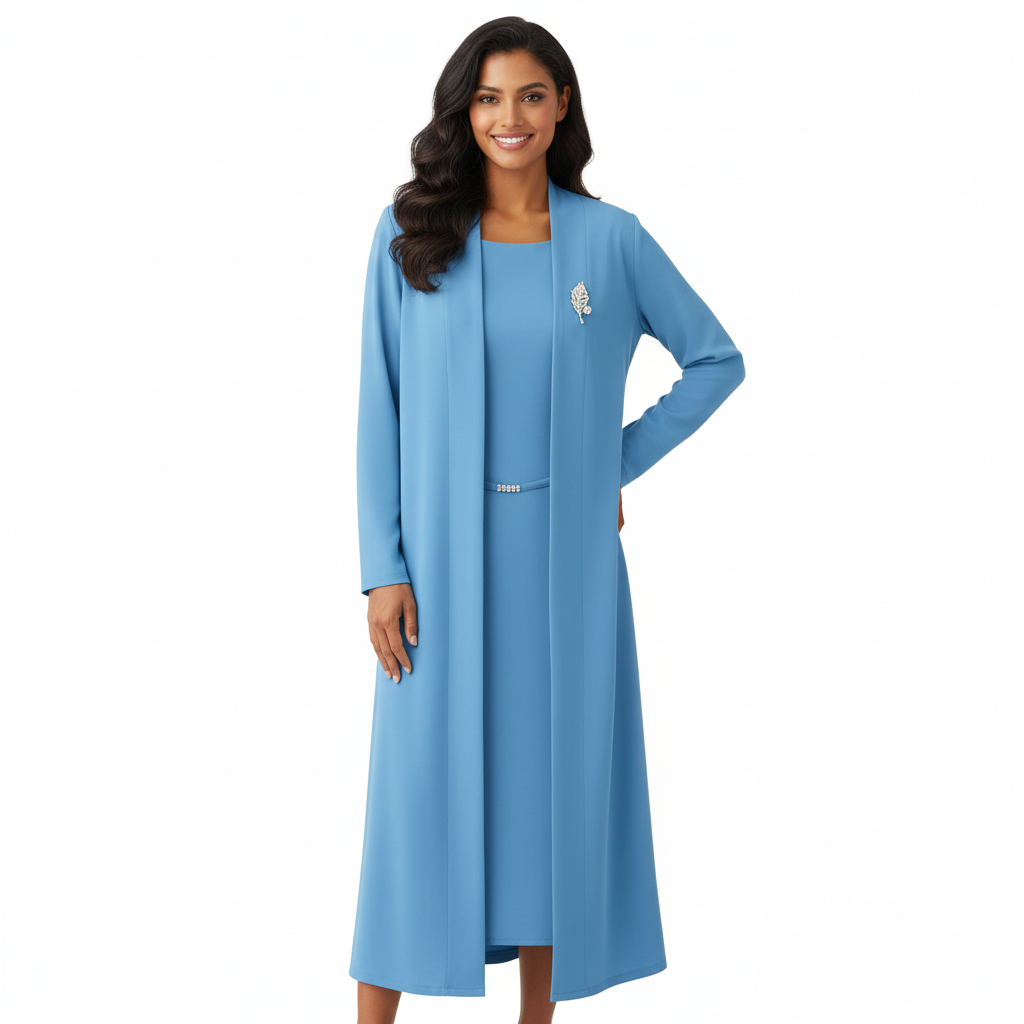 Elegant Blue Two-Piece Midi Dress Set with Long Jacket – Formal Occasion Wear