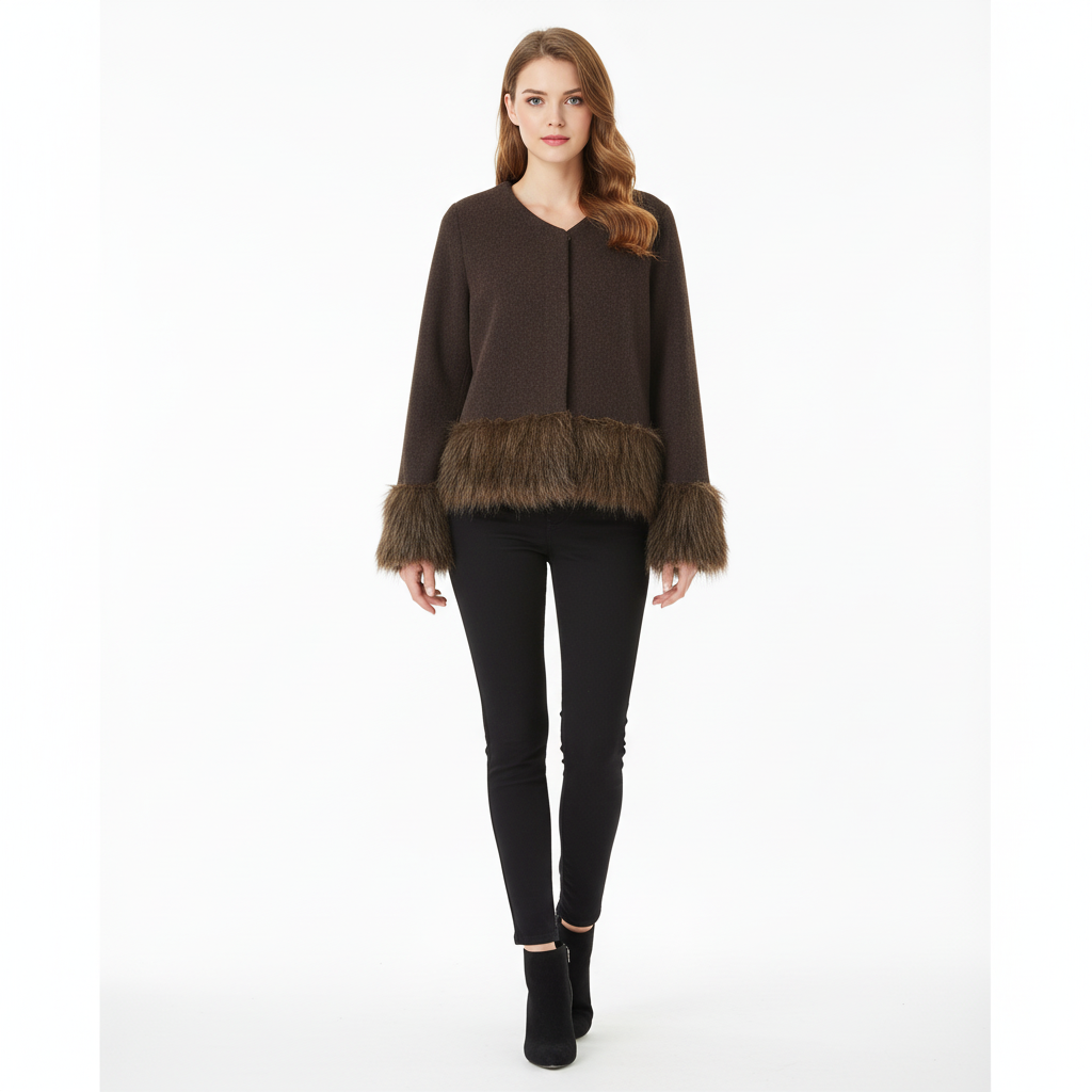 Elegant Faux Fur Trim Knit Sweater – Luxury Winter V-Neck Top for Women