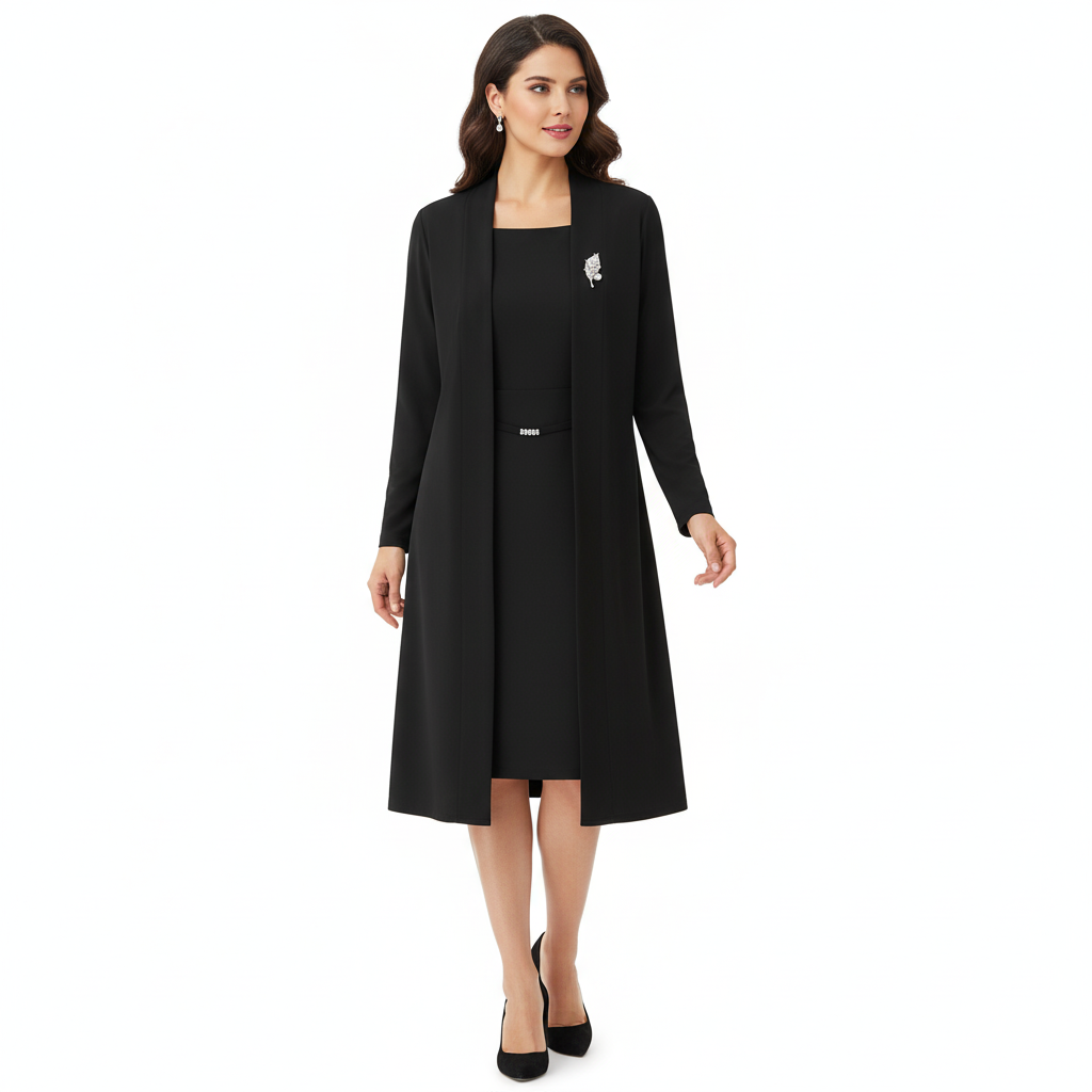 Elegant Blue Two-Piece Midi Dress Set with Long Jacket – Formal Occasion Wear