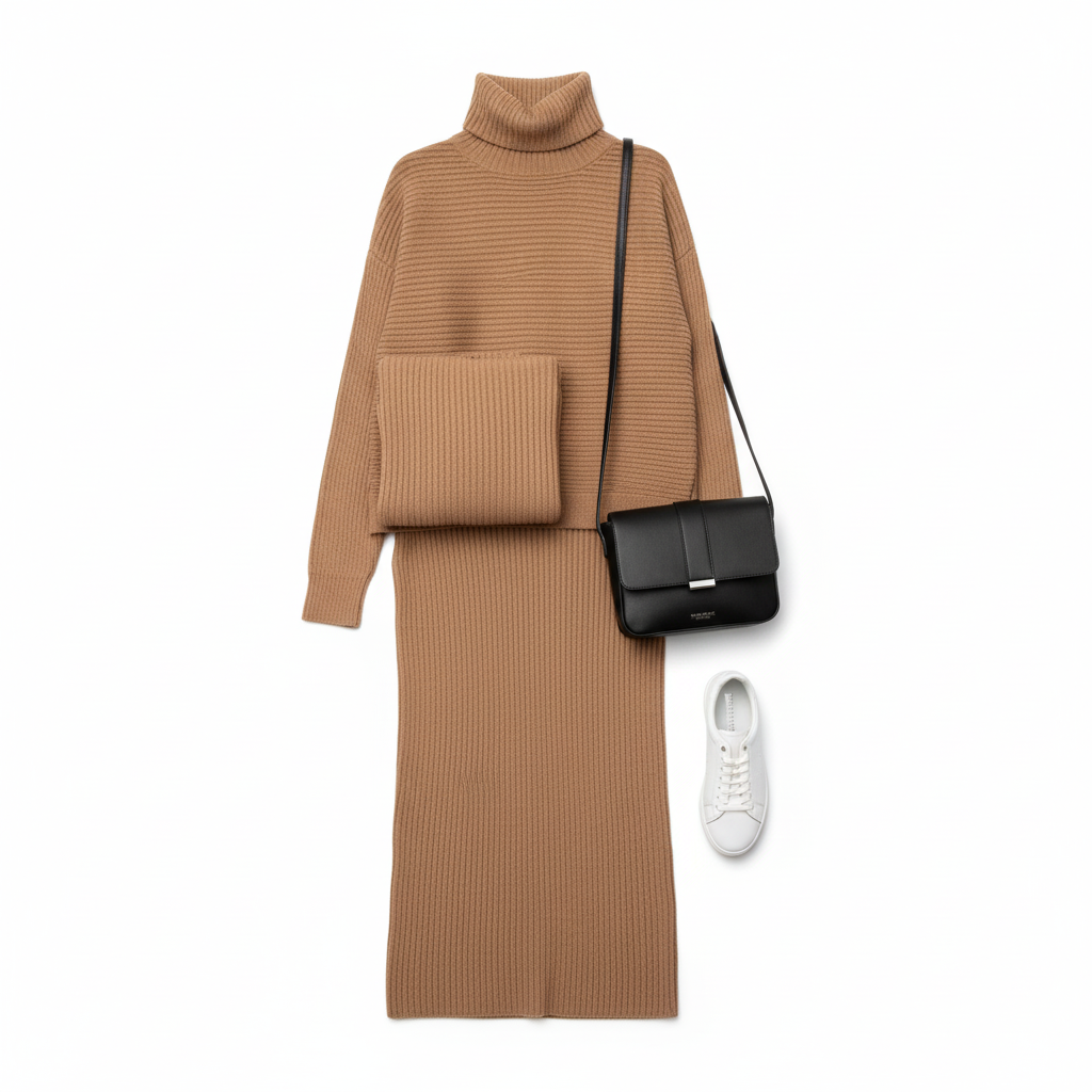 Cozy Chic Ribbed Knit Two-Piece Sweater Set – Turtleneck Top & Maxi Skirt (Camel)