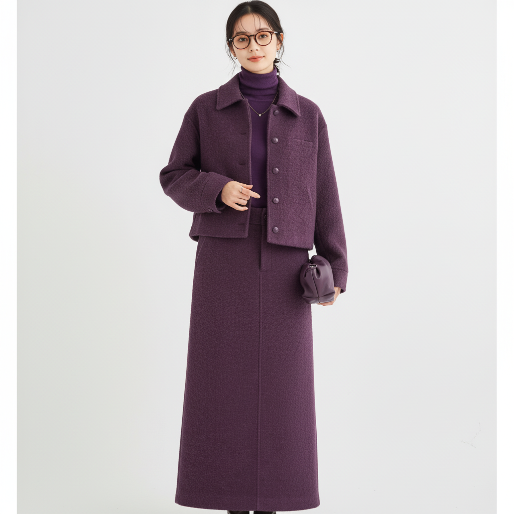 Classic Brown Wool Two-Piece Set – Cropped Jacket & A-Line Maxi Skirt