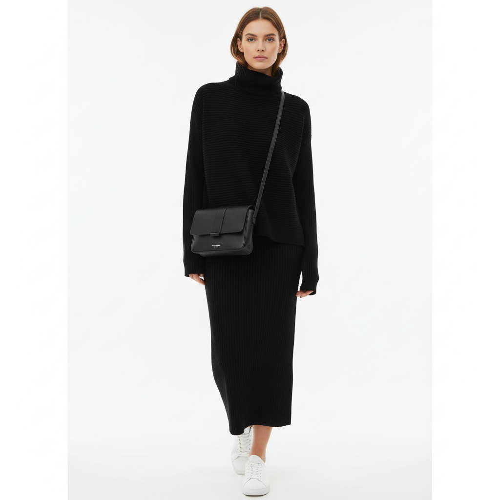 Cozy Chic Ribbed Knit Two-Piece Sweater Set – Turtleneck Top & Maxi Skirt (Camel)