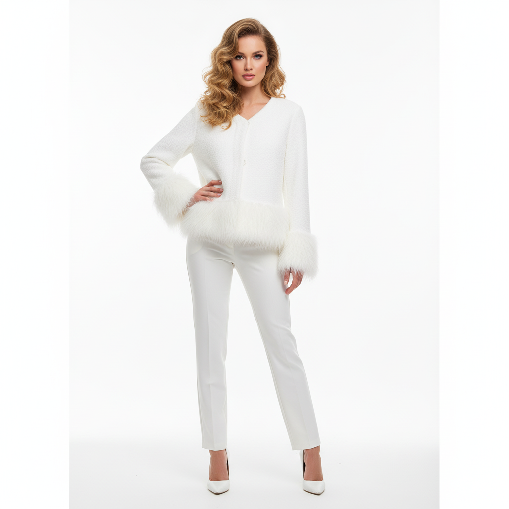 Elegant Faux Fur Trim Knit Sweater – Luxury Winter V-Neck Top for Women