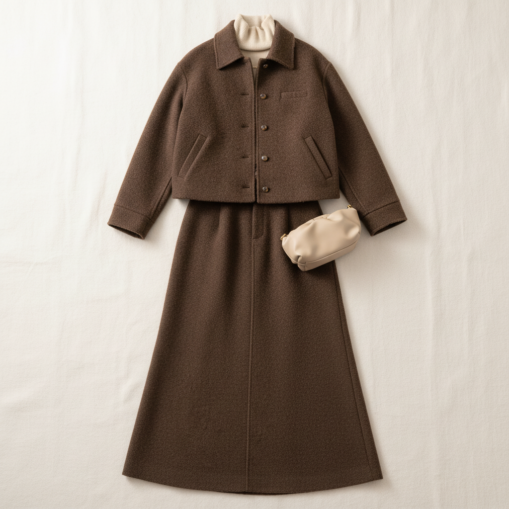 Classic Brown Wool Two-Piece Set – Cropped Jacket & A-Line Maxi Skirt