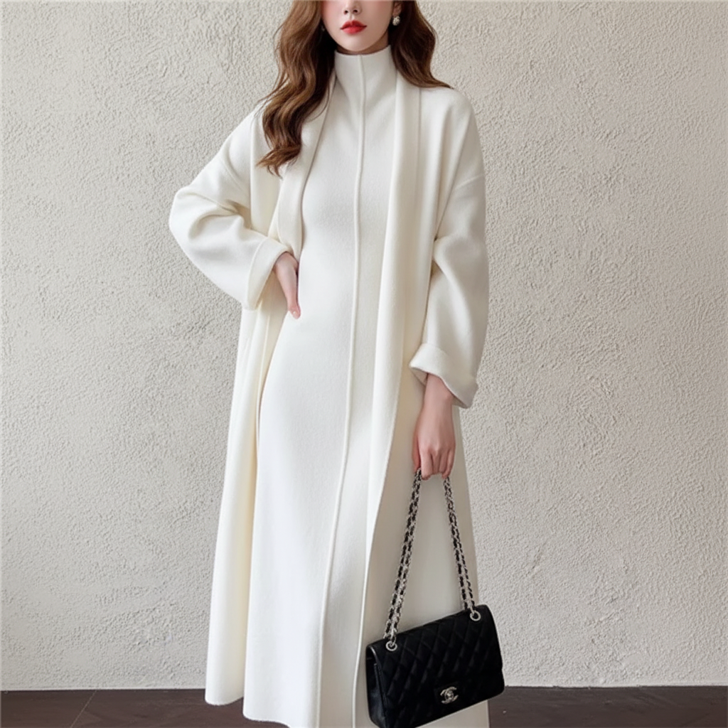 Premium Charcoal Grey Long Wool Overcoat – Elegant Winter Full-Length Coat for Women