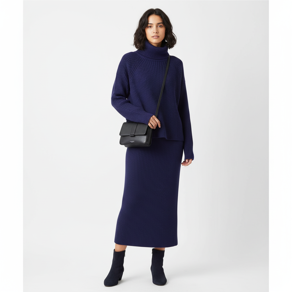 Cozy Chic Ribbed Knit Two-Piece Sweater Set – Turtleneck Top & Maxi Skirt (Camel)