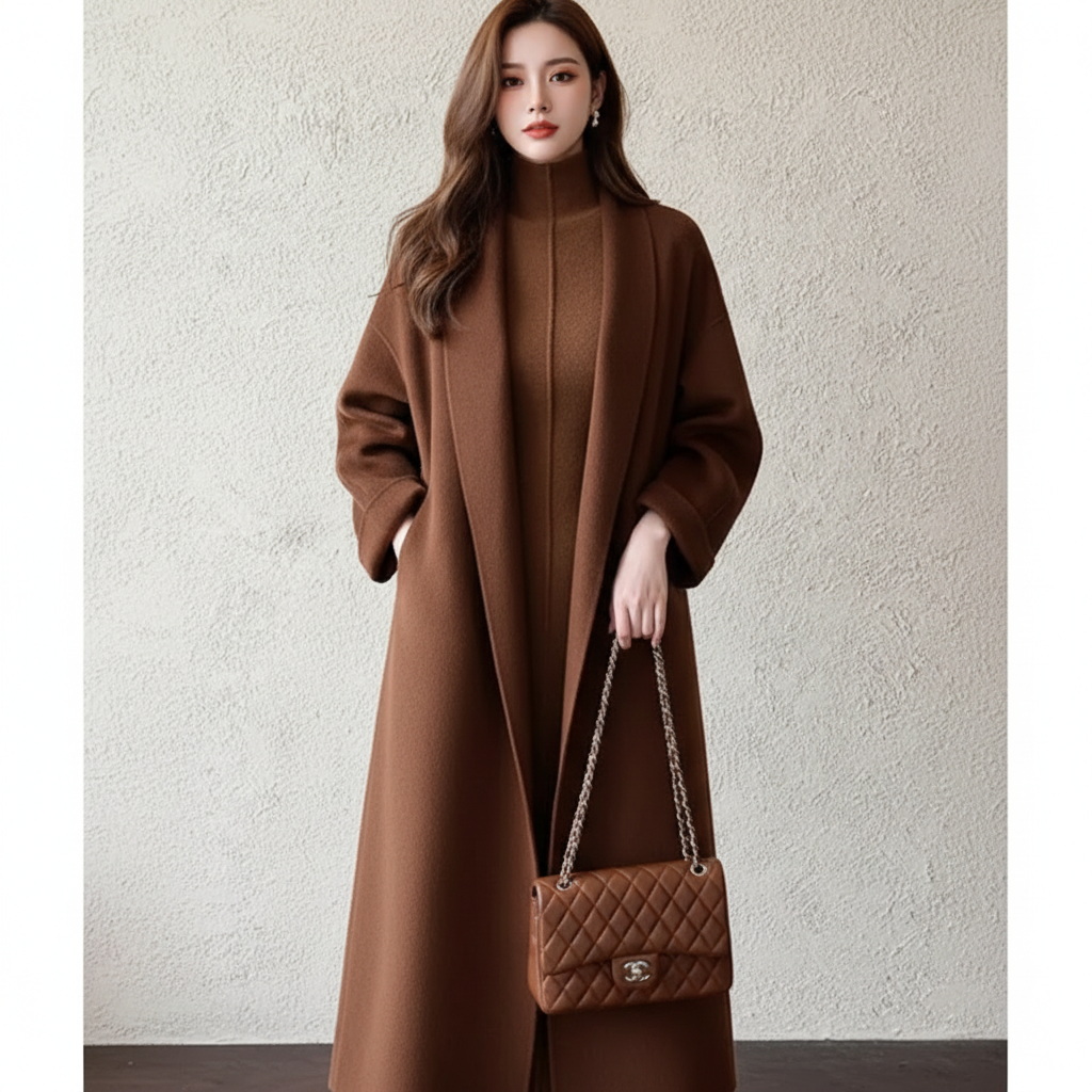 Premium Charcoal Grey Long Wool Overcoat – Elegant Winter Full-Length Coat for Women