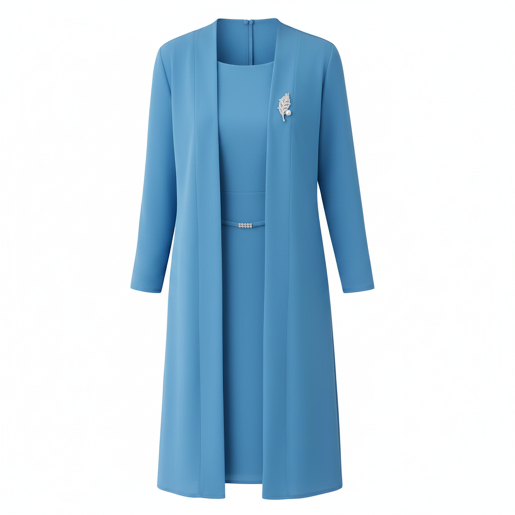 Elegant Blue Two-Piece Midi Dress Set with Long Jacket – Formal Occasion Wear