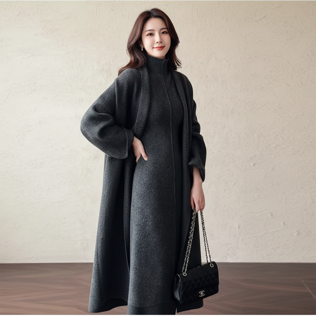 Premium Charcoal Grey Long Wool Overcoat – Elegant Winter Full-Length Coat for Women