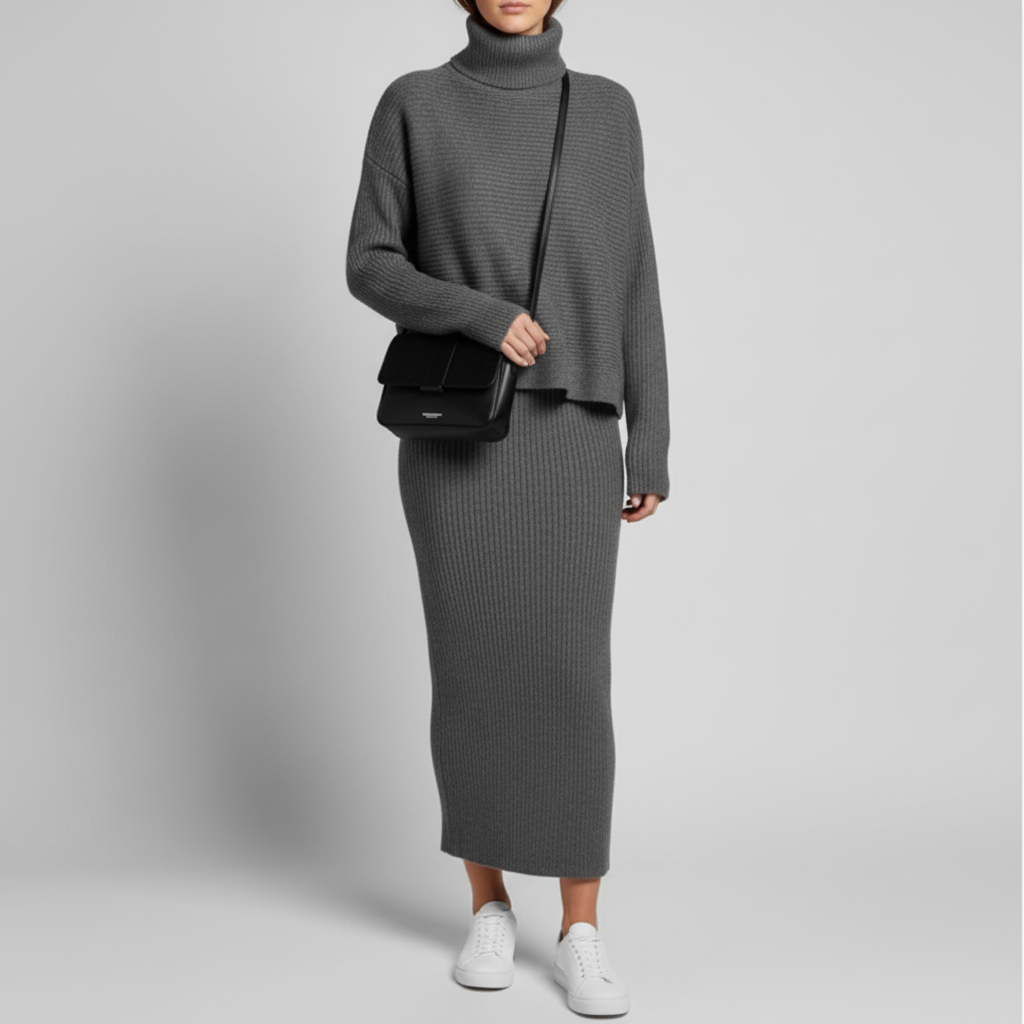 Cozy Chic Ribbed Knit Two-Piece Sweater Set – Turtleneck Top & Maxi Skirt (Camel)