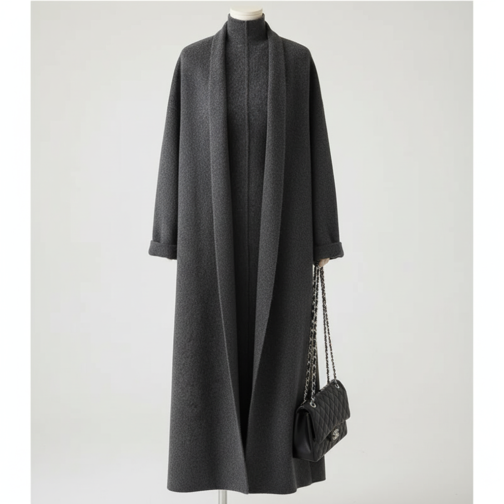 Premium Charcoal Grey Long Wool Overcoat – Elegant Winter Full-Length Coat for Women