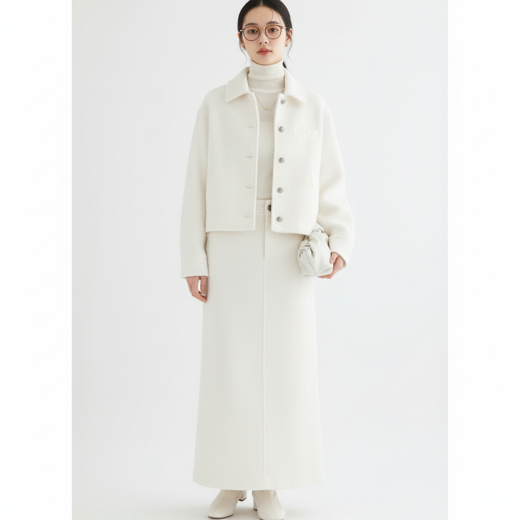 Classic Brown Wool Two-Piece Set – Cropped Jacket & A-Line Maxi Skirt