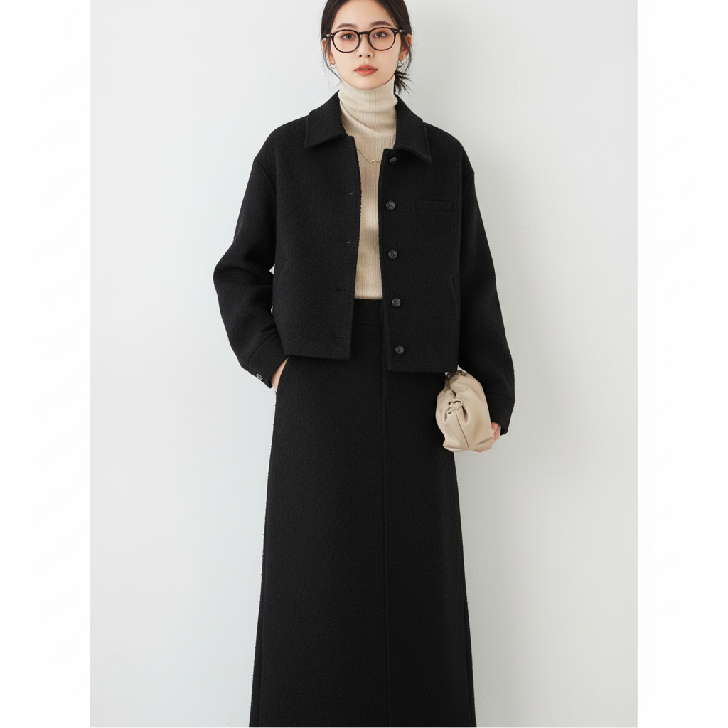 Classic Brown Wool Two-Piece Set – Cropped Jacket & A-Line Maxi Skirt